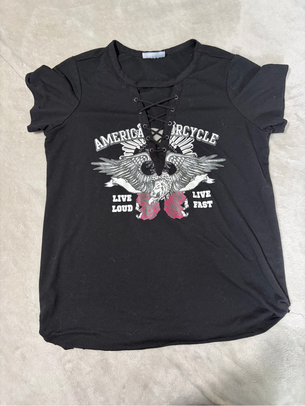Just Be… Black Motorcycle Eagle Graphic Lace-Up T-Shirt